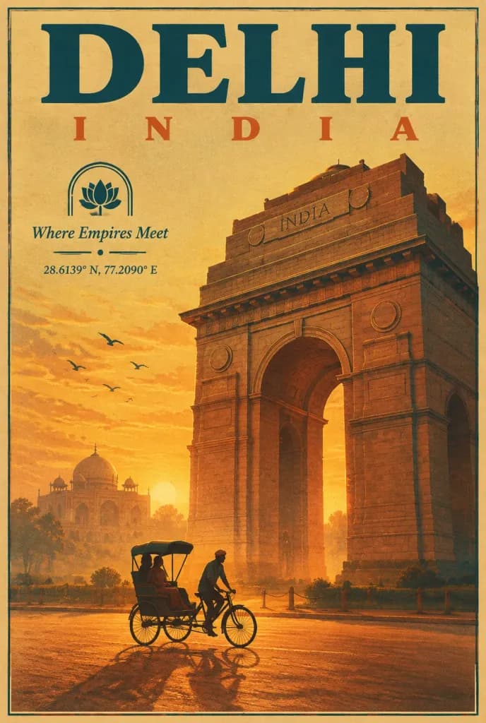 Vintage Art Deco Delhi Travel Poster