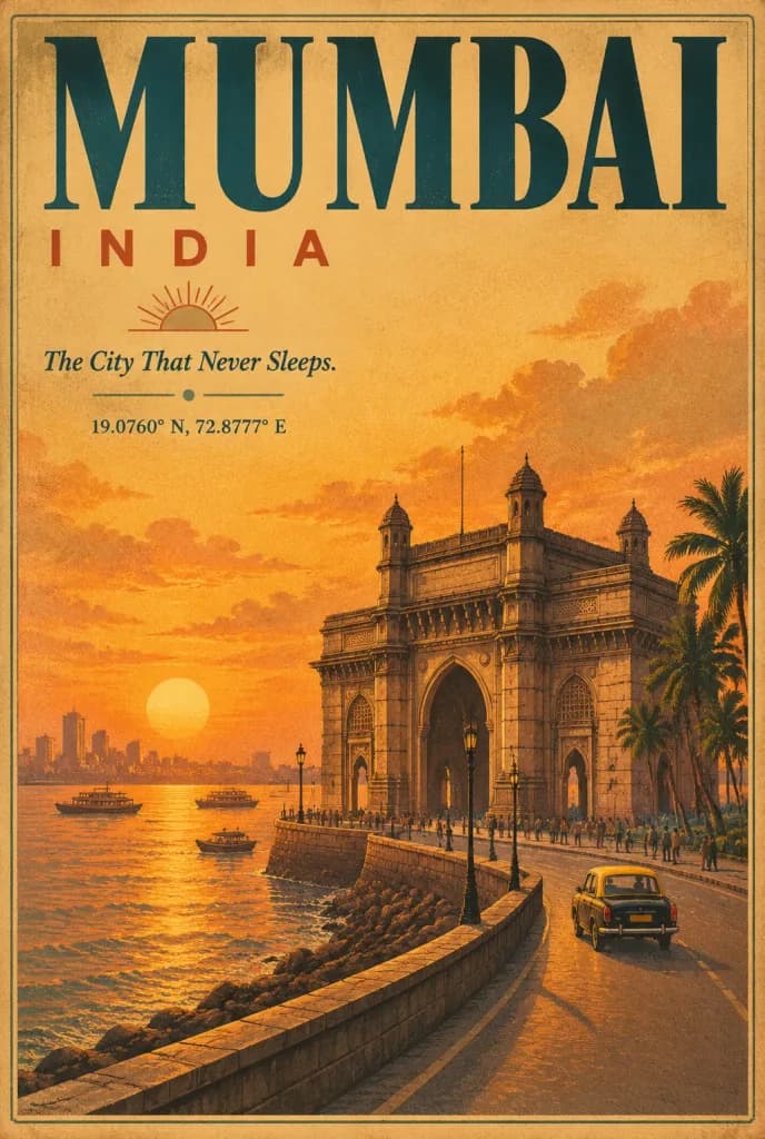 Vintage Art Deco Mumbai Travel Poster