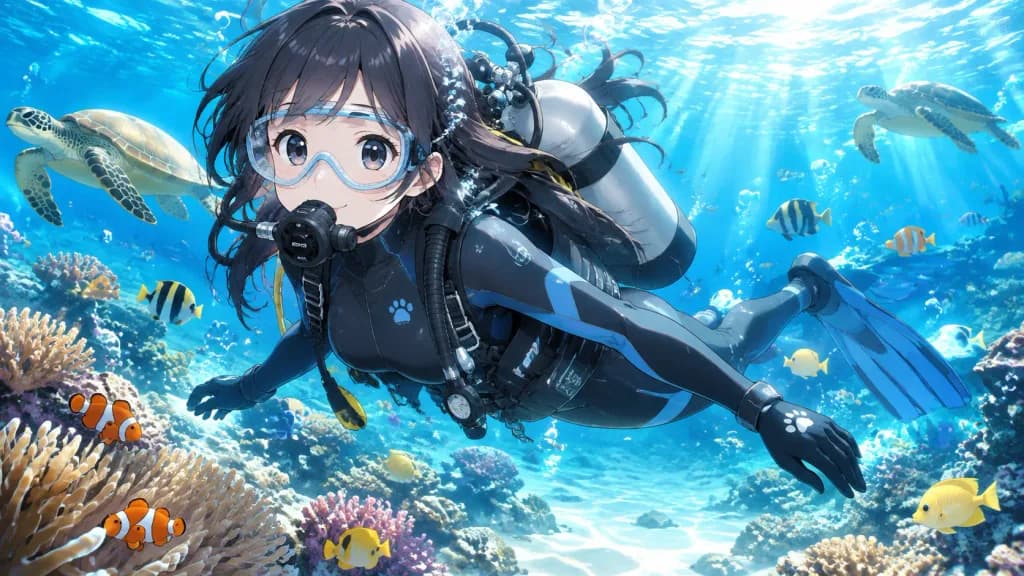 Anime Character Scuba Diving in Coral Reef