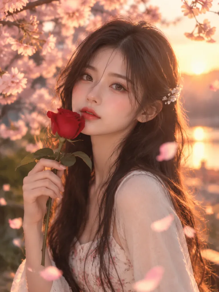 桜と夕暮れのバラを持つポートレート
