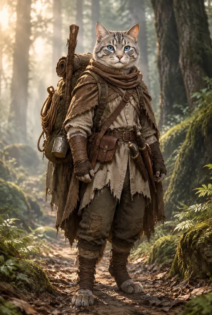 Anthropomorphic Cat Ranger in Misty Forest