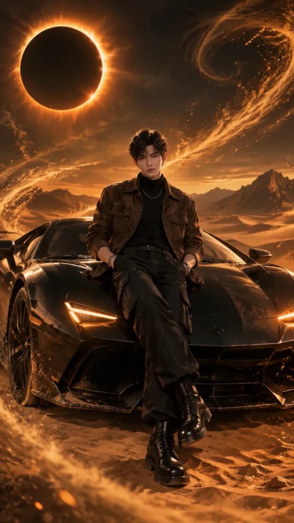 Man on Sports Car Under Solar Eclipse