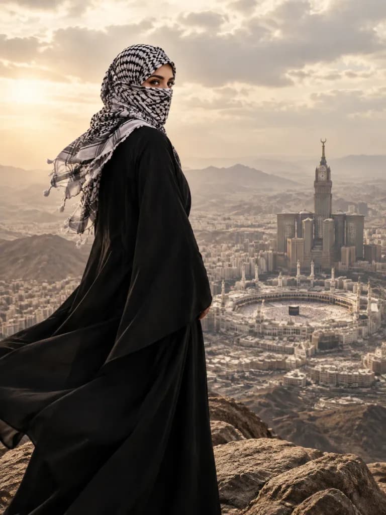 Muslim Woman Overlooking Mecca Skyline