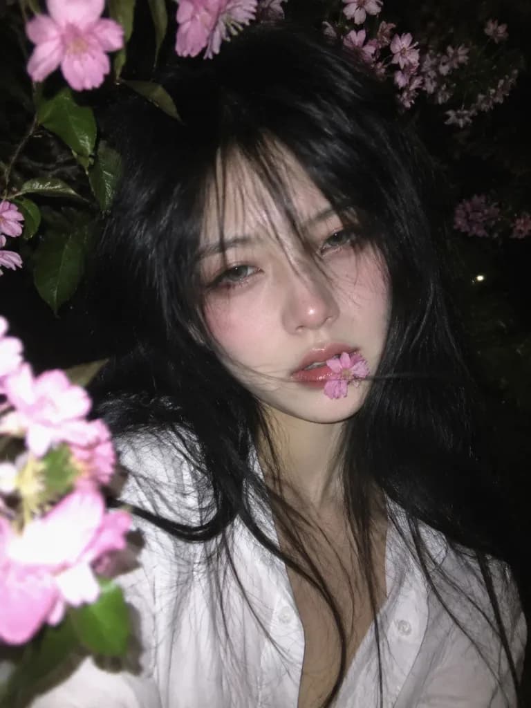 夜桜の下のフラッシュスナップポートレート