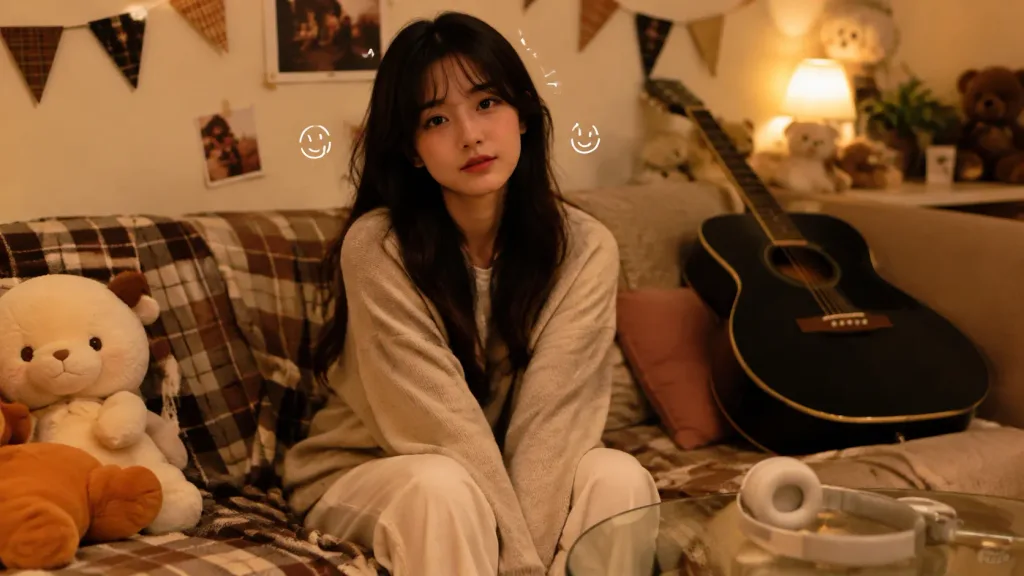 ぬいぐるみと過ごす温かい部屋のポートレート