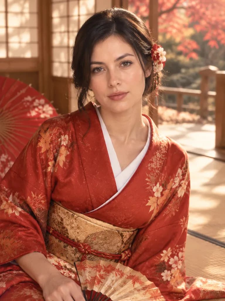 和室と紅着物の商業エディトリアルポートレート