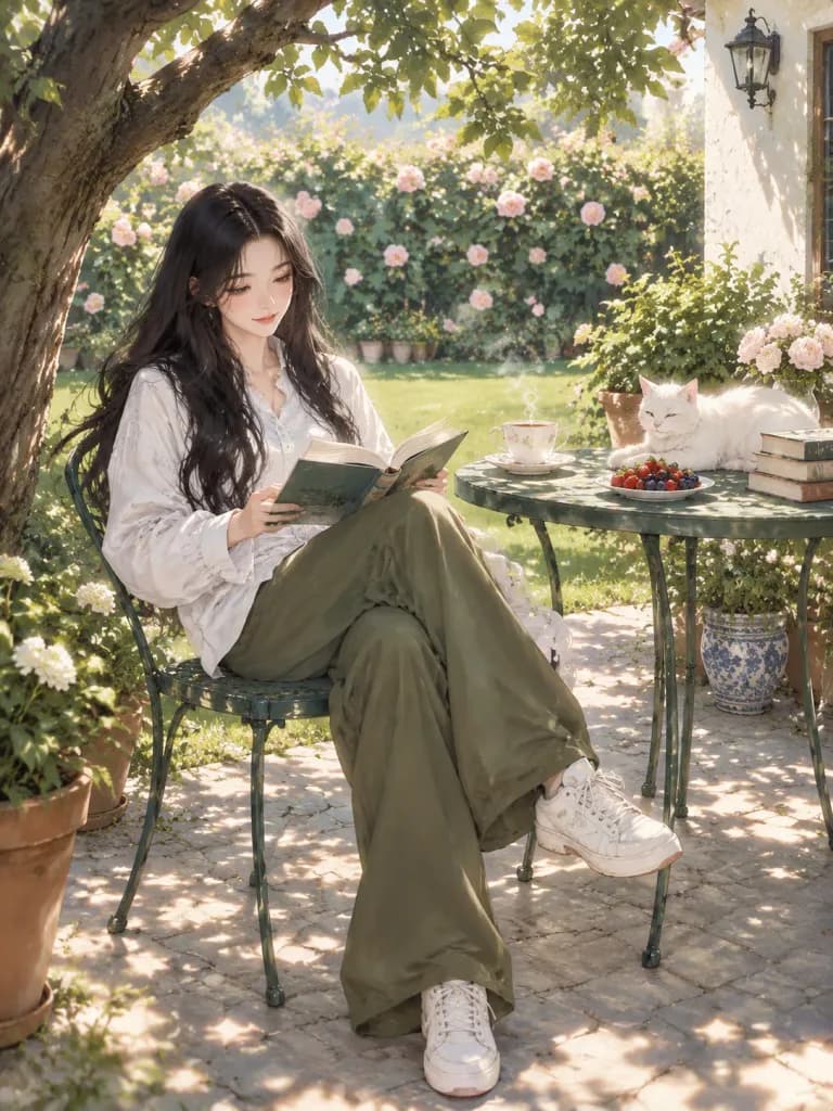 Woman Reading in Sunlit Garden
