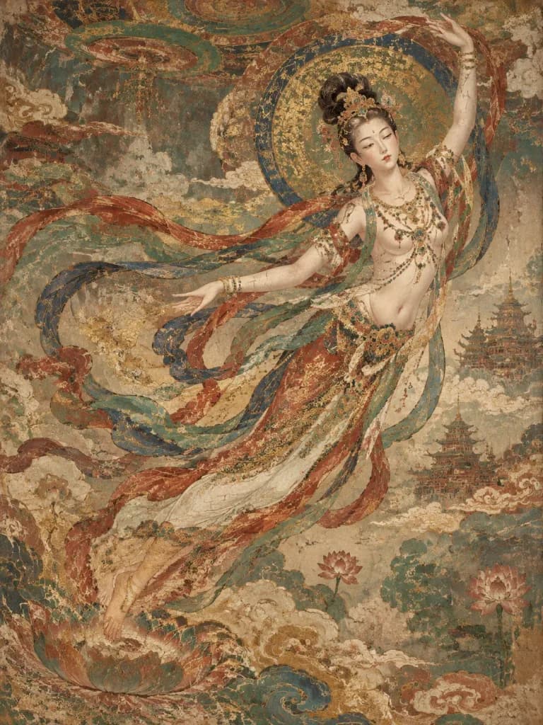 Sacred Dunhuang Fresco of a Flying Goddess