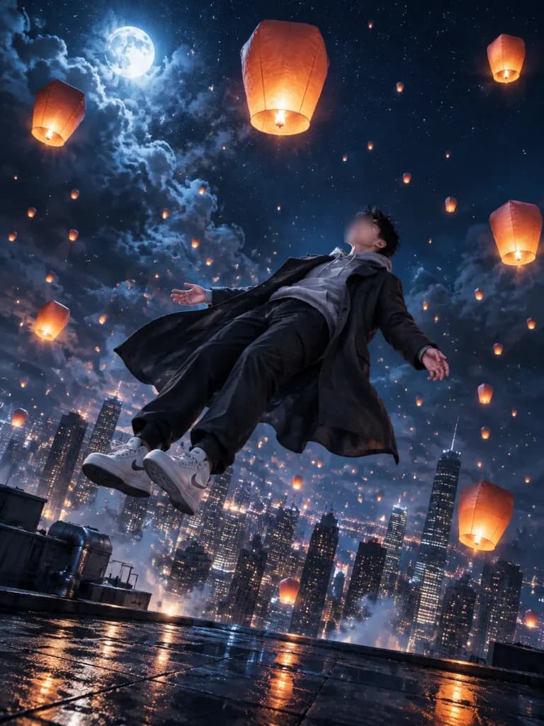 Levitating Above Lanternlit City Rooftops