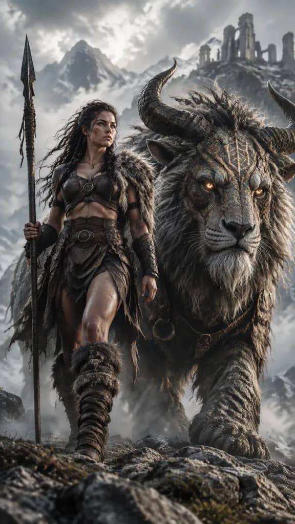 Barbarian Huntress with Ancient Beast