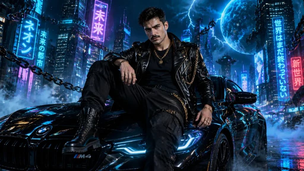 Cyberpunk Action Hero with Sports Car