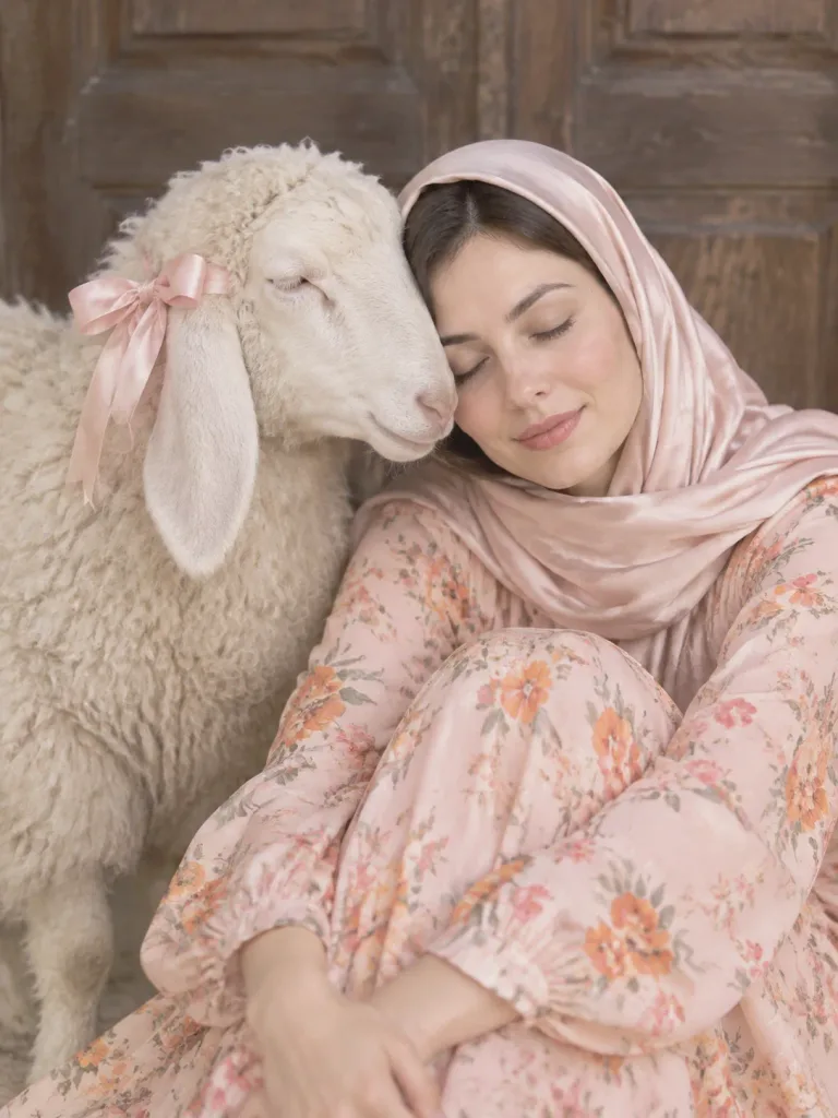 Soft Hijab Portrait with Companion Sheep