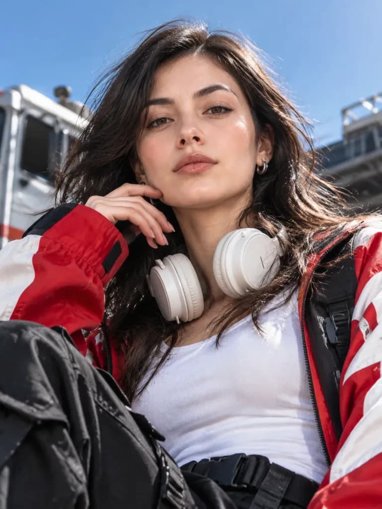Urbanes Streetwear-Porträt aus der Froschperspektive