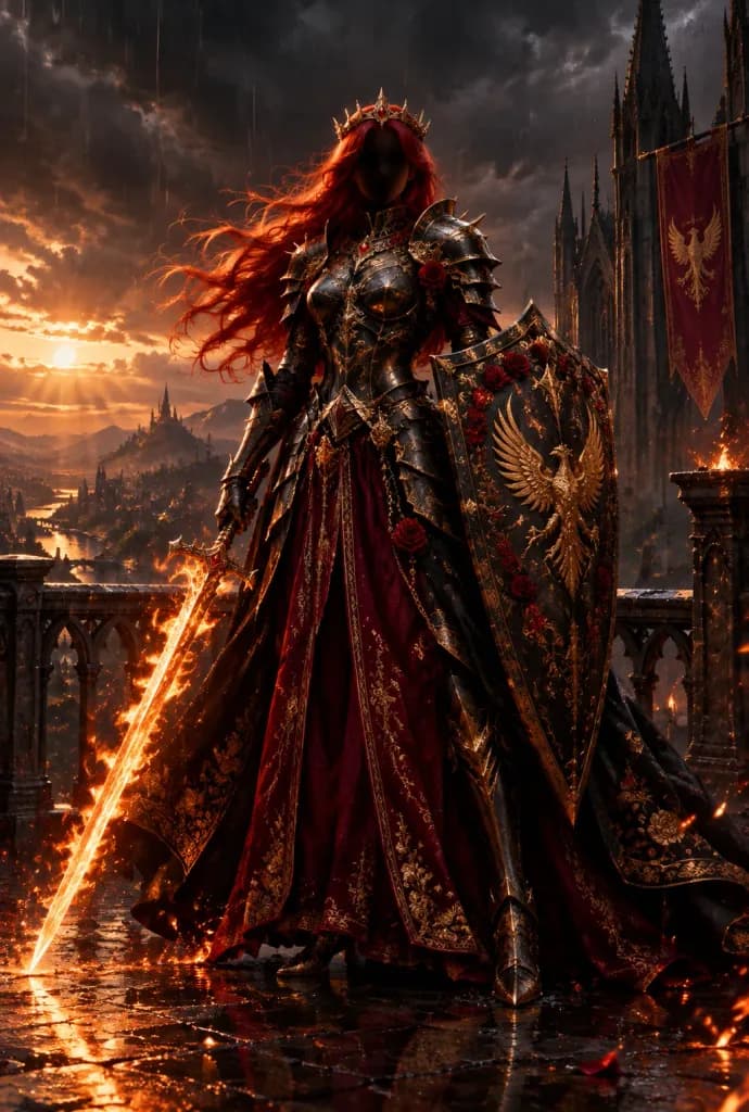 Faceless Phoenix Knight Queen at Sunset