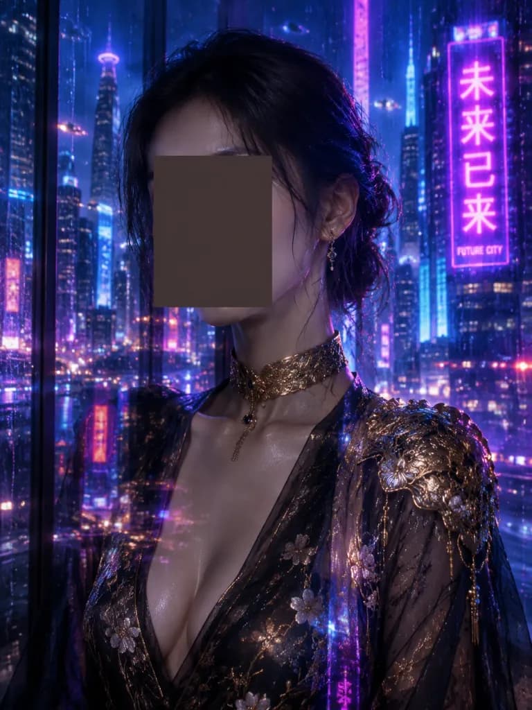ネオンの夜景とセンサーブロックのサイバーパンク肖像