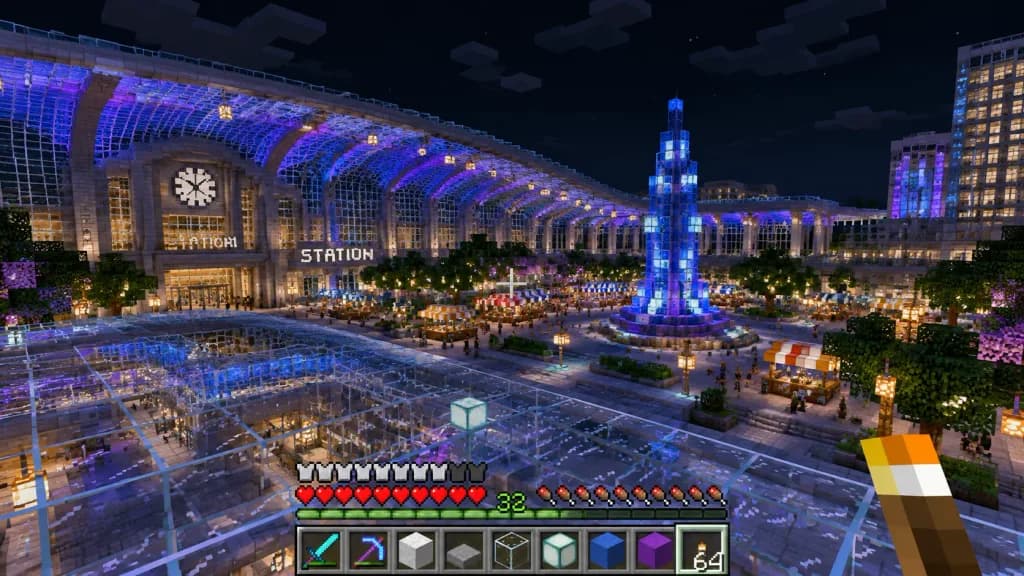 Ночная городская площадь в ванильном Minecraft