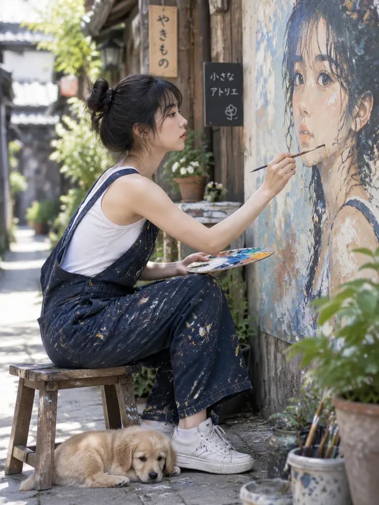 Artista pintando un mural en un callejón japonés