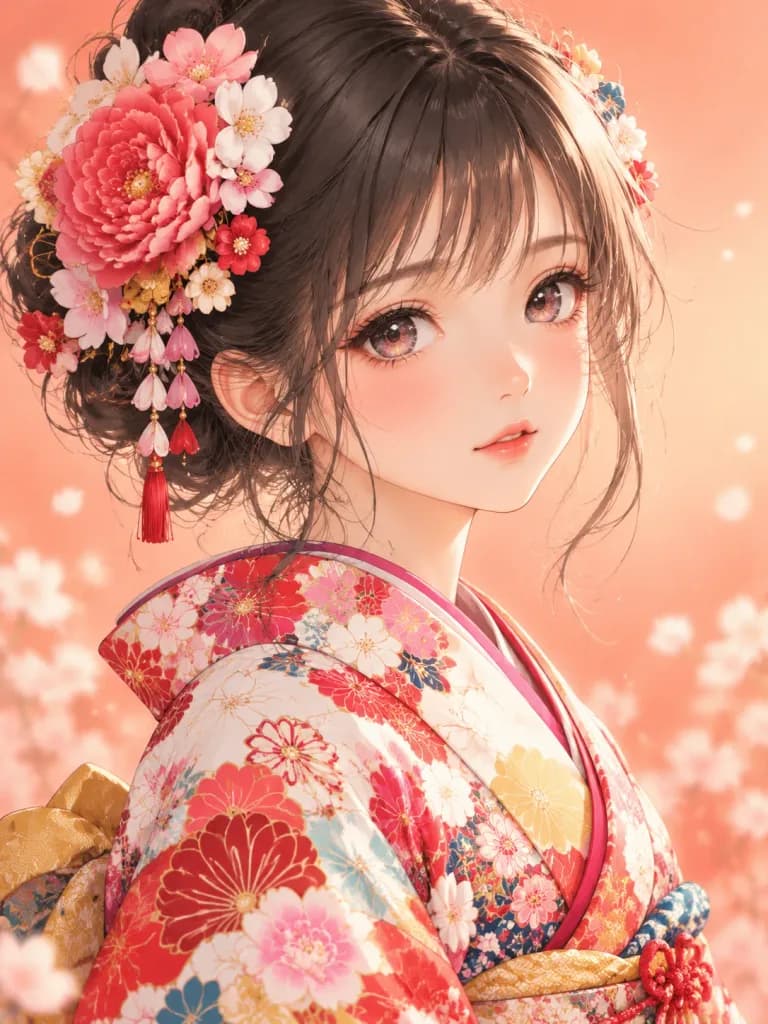 Anime Girl in Floral Kimono Portrait