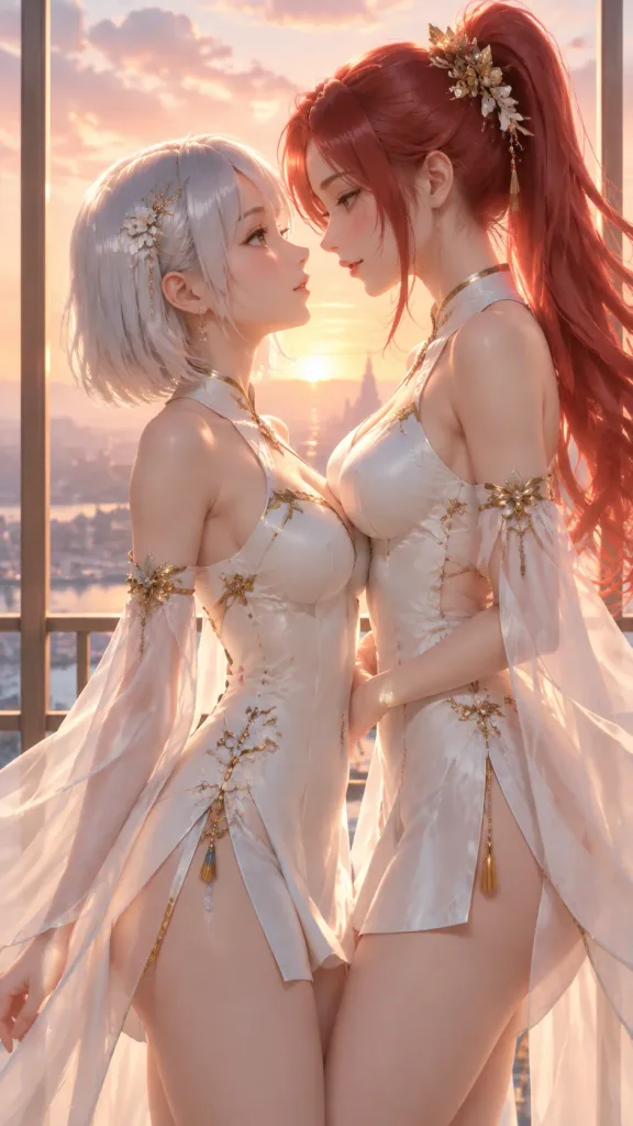 夕暮れの窓辺で寄り添うファンタジーペア