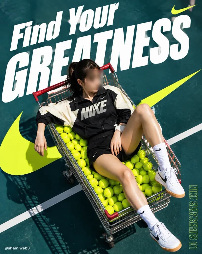 Sportswear-Kampagnenplakat mit Einkaufswagen auf Tennisplatz