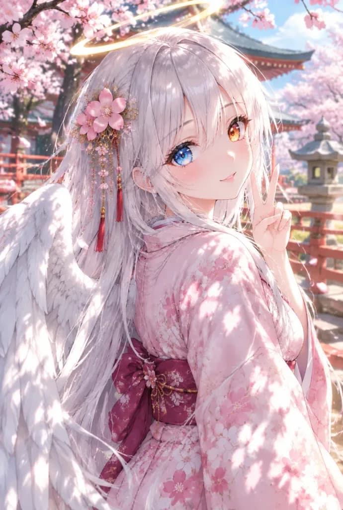 桜着物の天使少女アニメポートレート