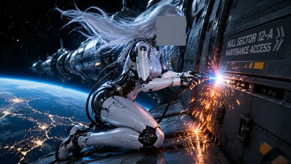 Astronauta androide reparando nave orbital