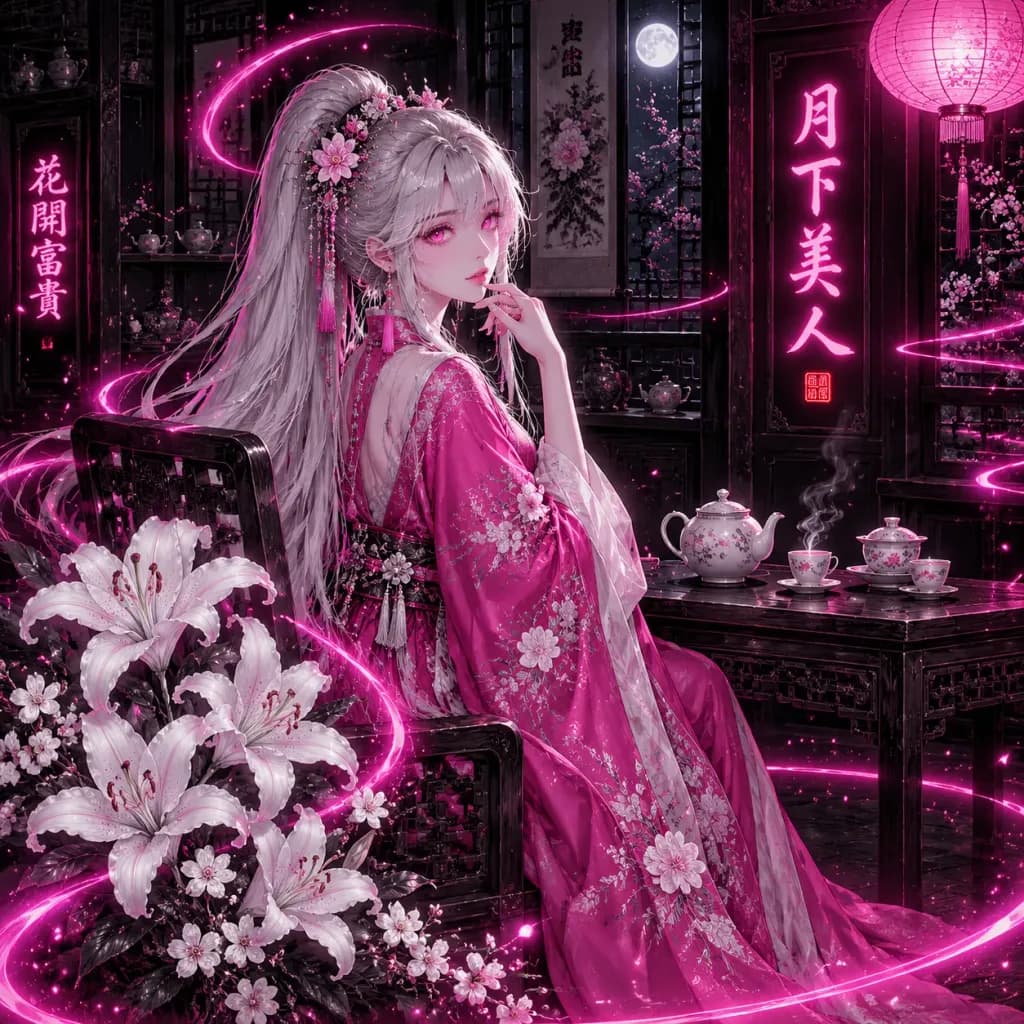 ネオンピンクの茶室に佇む美少女