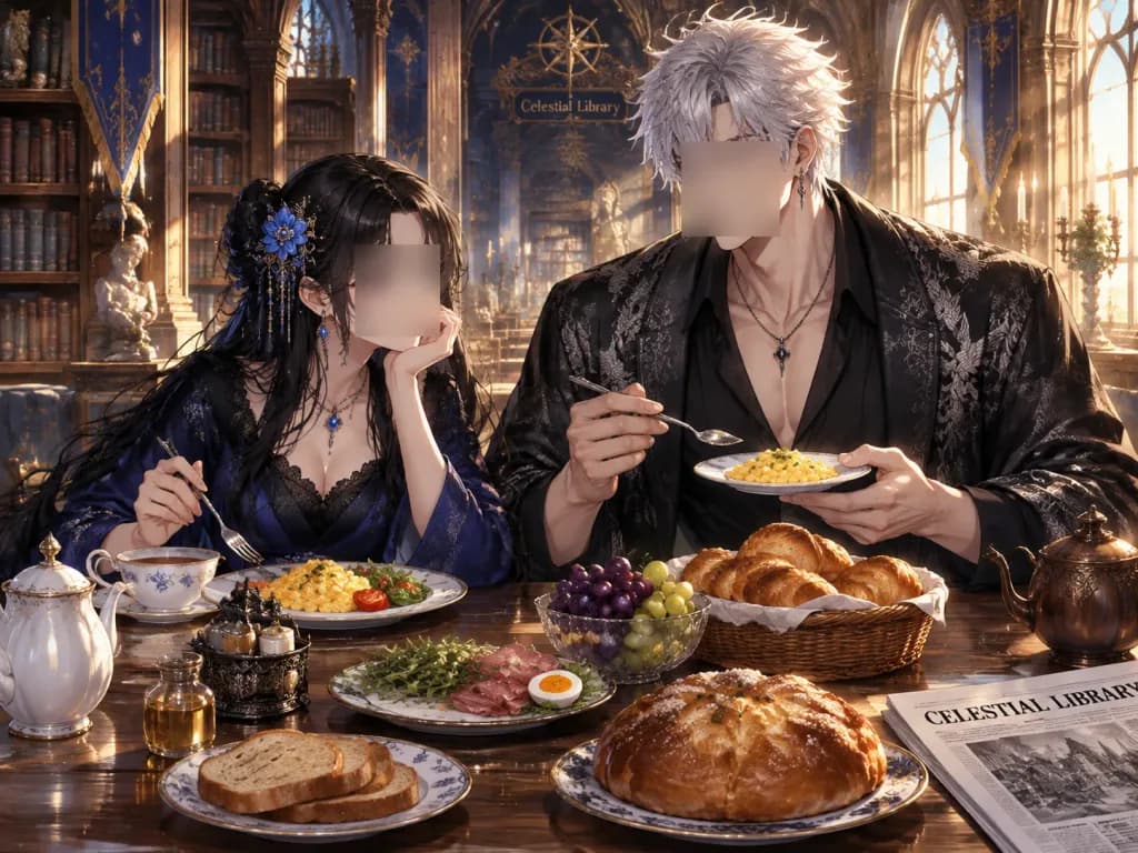 ゴシック図書館のファンタジー朝食シーン