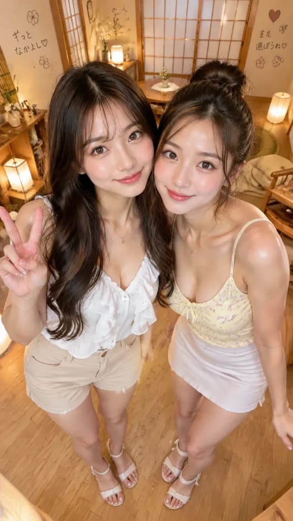 和モダンな部屋での仲良し自撮りポートレート