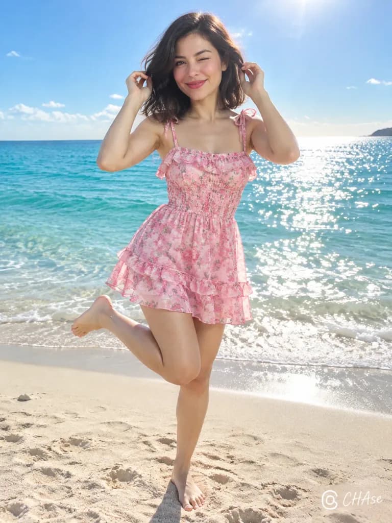 Sunlit Beach Summer Outfit Full-Body Shot