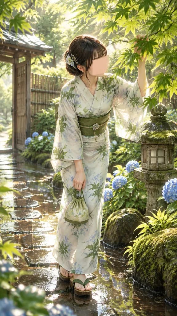 雨上がりの青紅葉庭園と浴衣の女性
