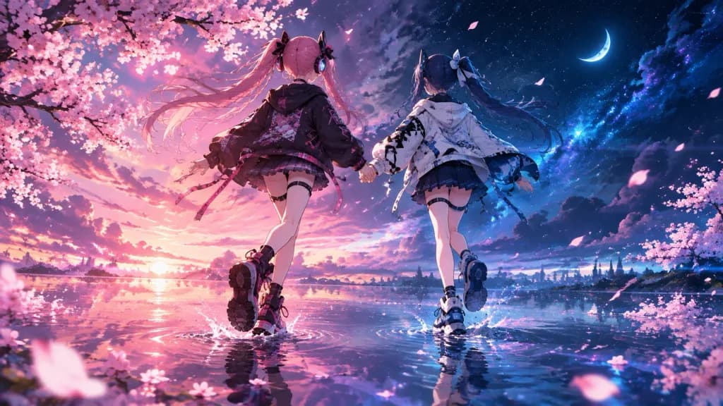 Futuristic Schoolgirl Idols Across Reflective Ocean