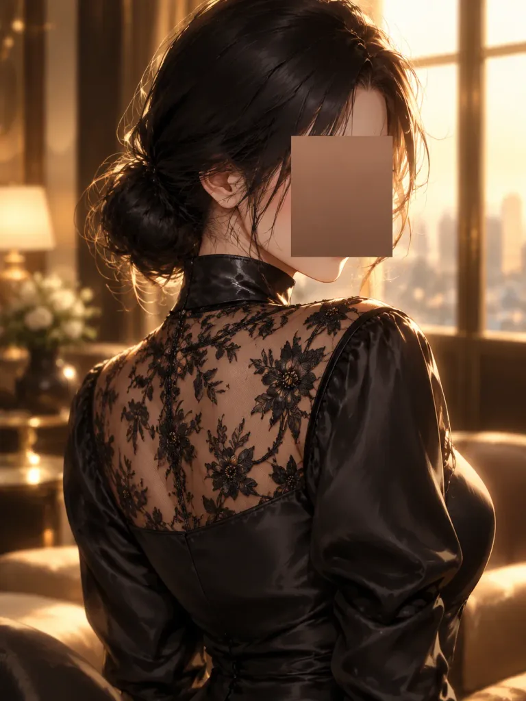 レースドレスを纏う逆光のアニメ風女性肖像