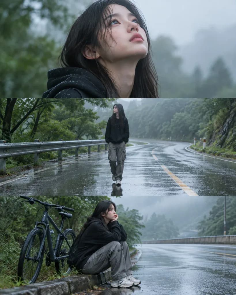 Rainy Road Cinematic Triptych Collage