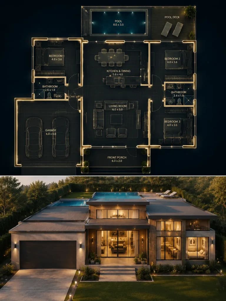 Split Blueprint and Exterior Architectural Render