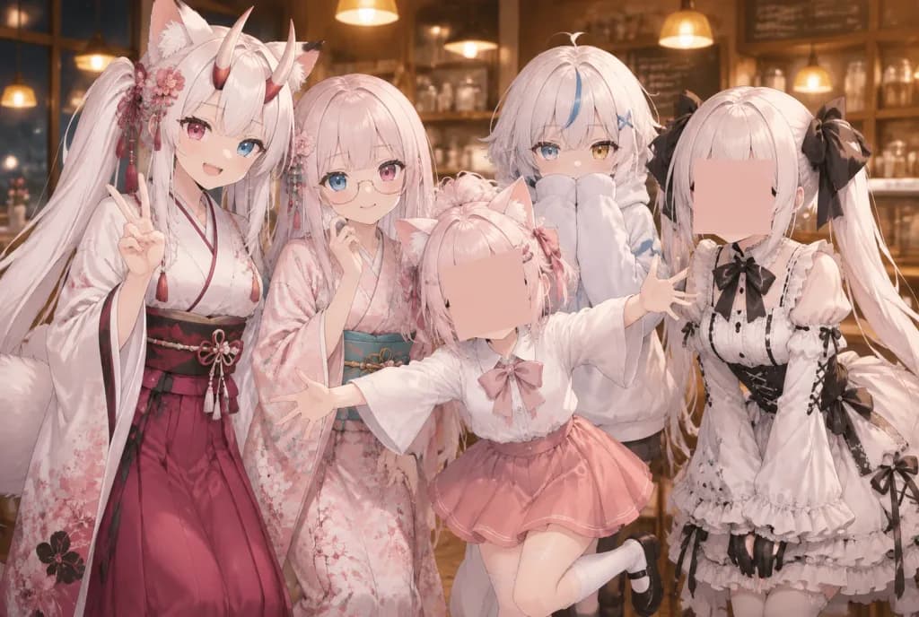 Five Anime Girls Café Group Portrait