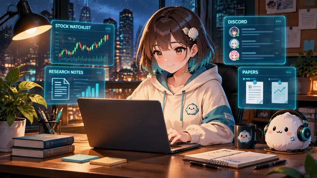 深夜デスクで作業するアニメ研究者
