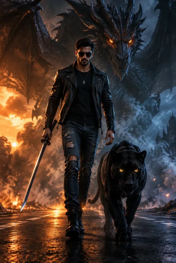 Cyberpunk Warrior with Panther and Dragon