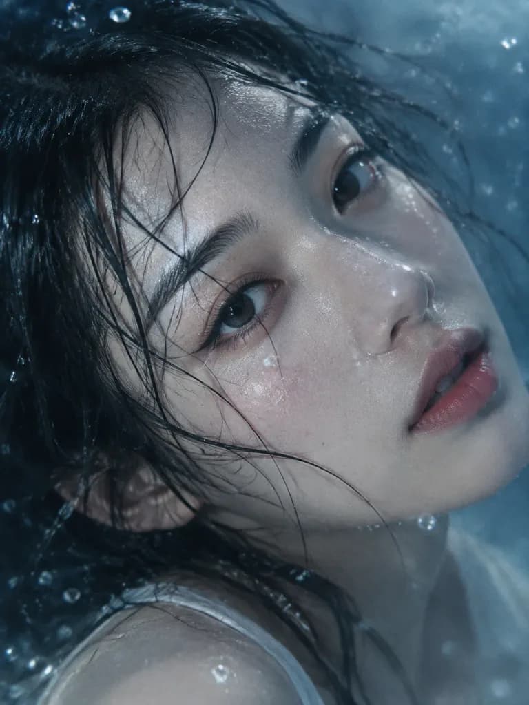 몽환적인 수중 무드의 시네마틱 클로즈업 초상