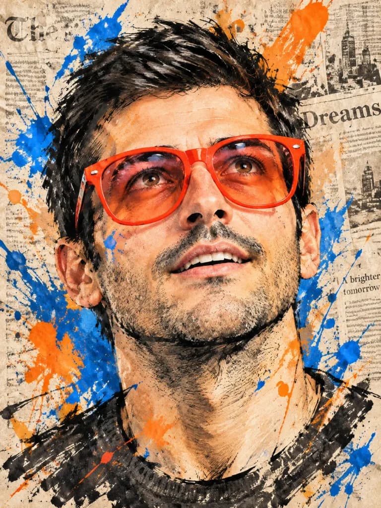 Expressive Ink Portrait on Newspaper Collage