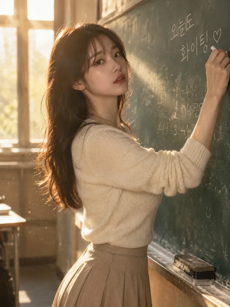 교실 칠판에 글씨를 쓰는 한국 여성