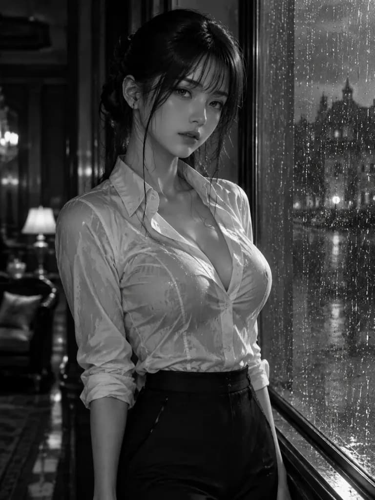雨の窓辺のモノクロポートレート