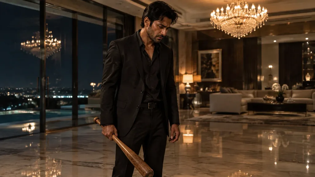 Broken Man in Luxury Villa at Night