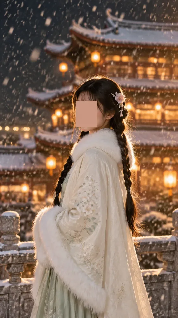 Karlı Gecede Hanfu Pelerinli Sinematik Portre