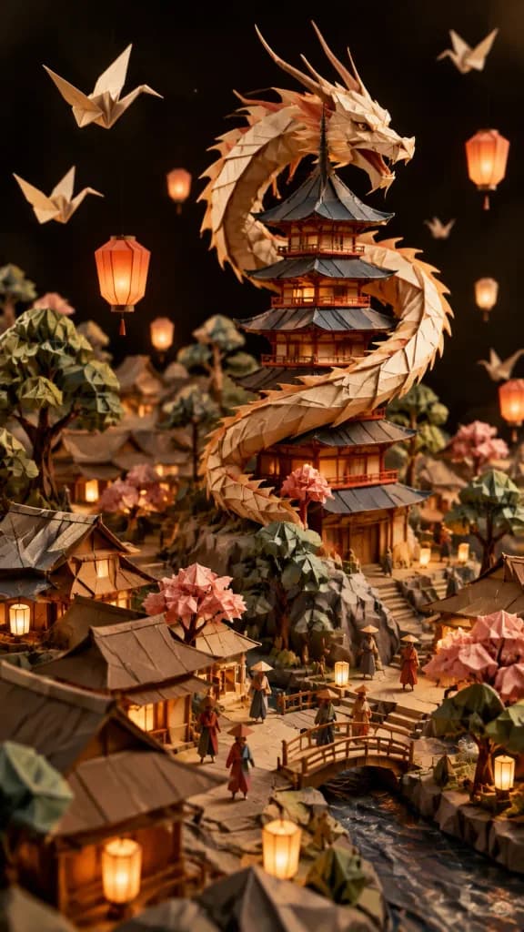 Folded Origami Miniature Village World