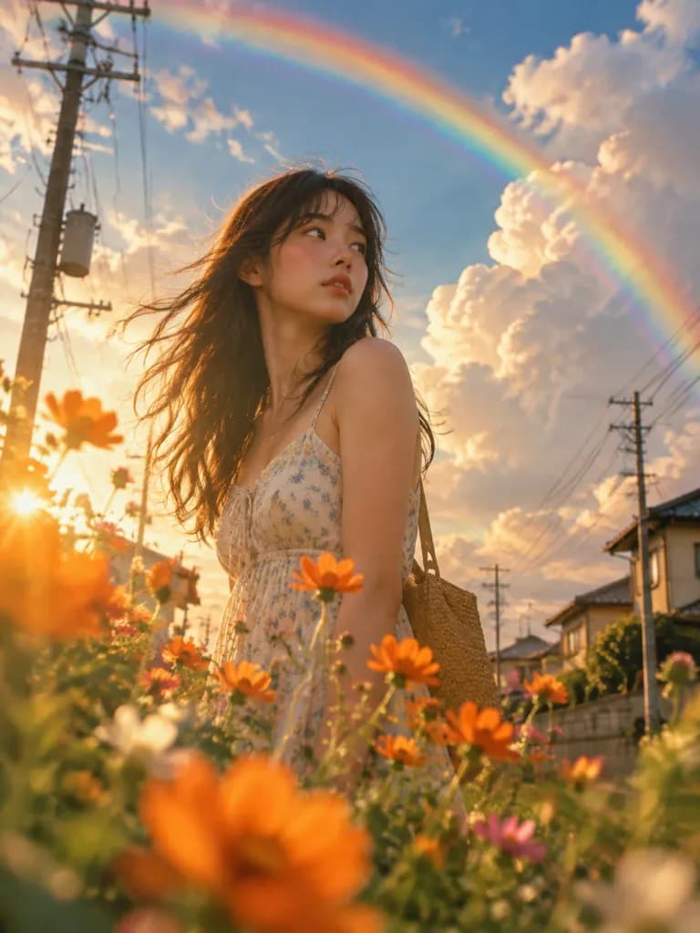 彩虹下的郊區夏日人像