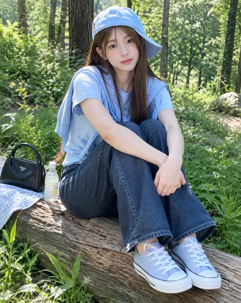 숲속 한국 소녀 캔디드 포트레이트