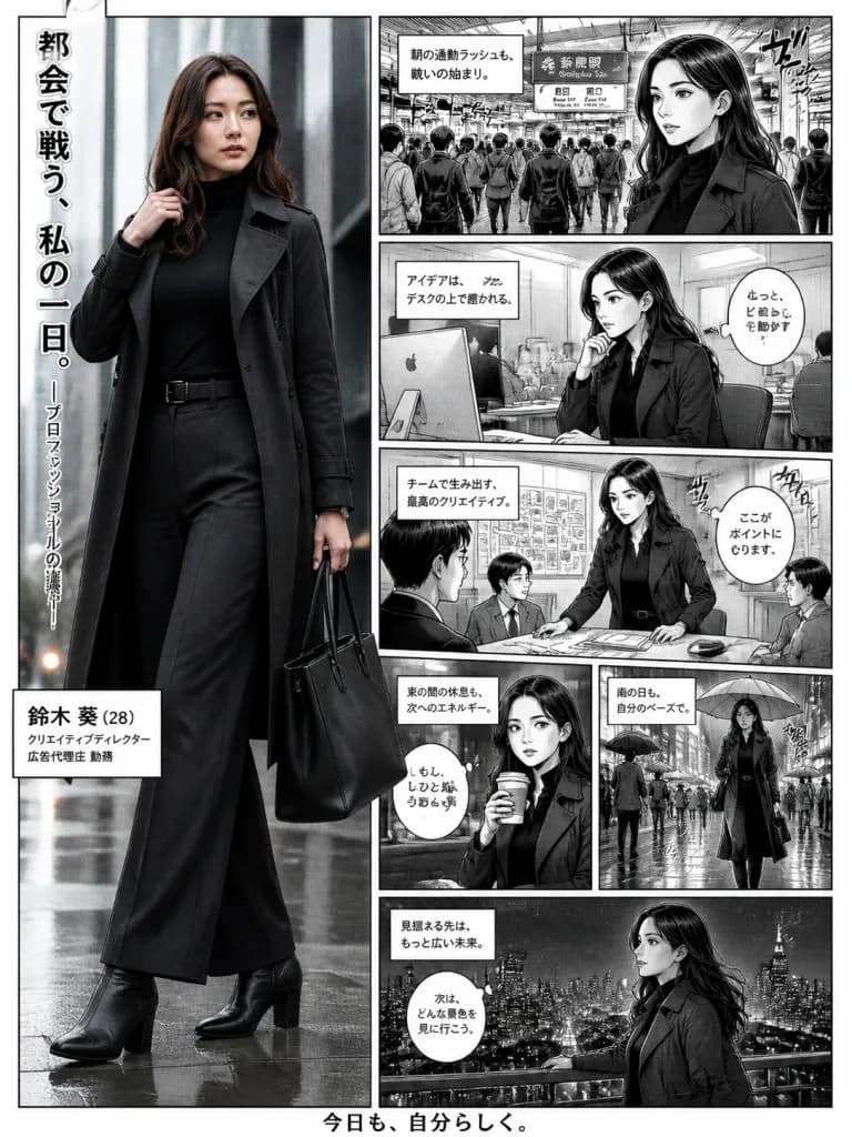 漫画ページに融合する写実的キャリア女性