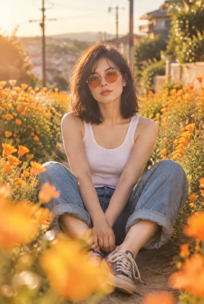 日本の郊外で夕暮れに佇むポートレート