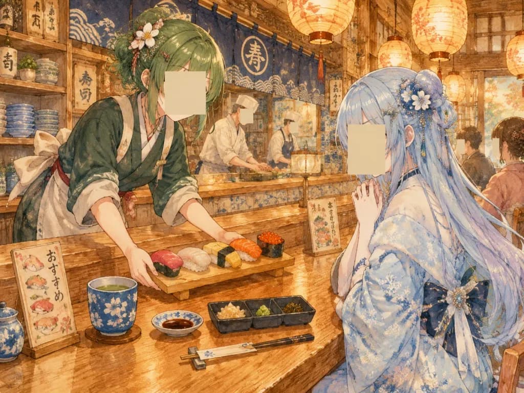 Cozy Anime Sushi Counter Scene